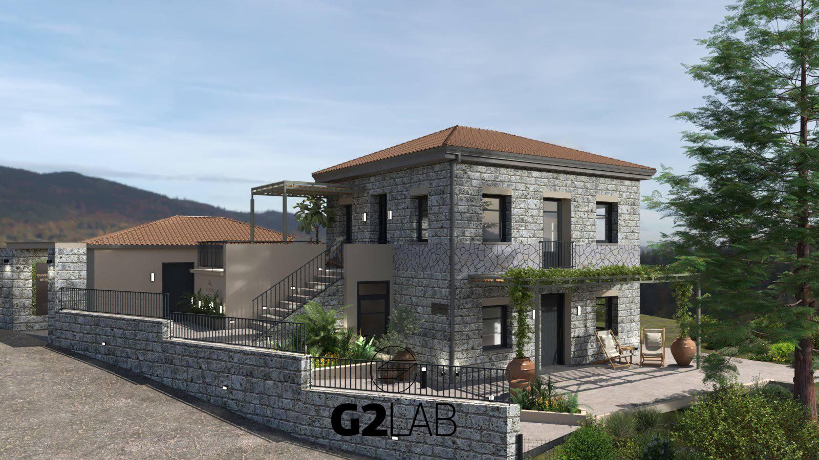 Filtered Olivestone Retreat resort exterior crop with stone building, terraces and mountain landscape