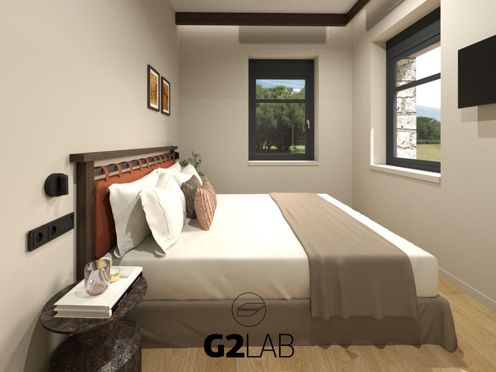 First-floor bedroom with warm bed, side table and window view
