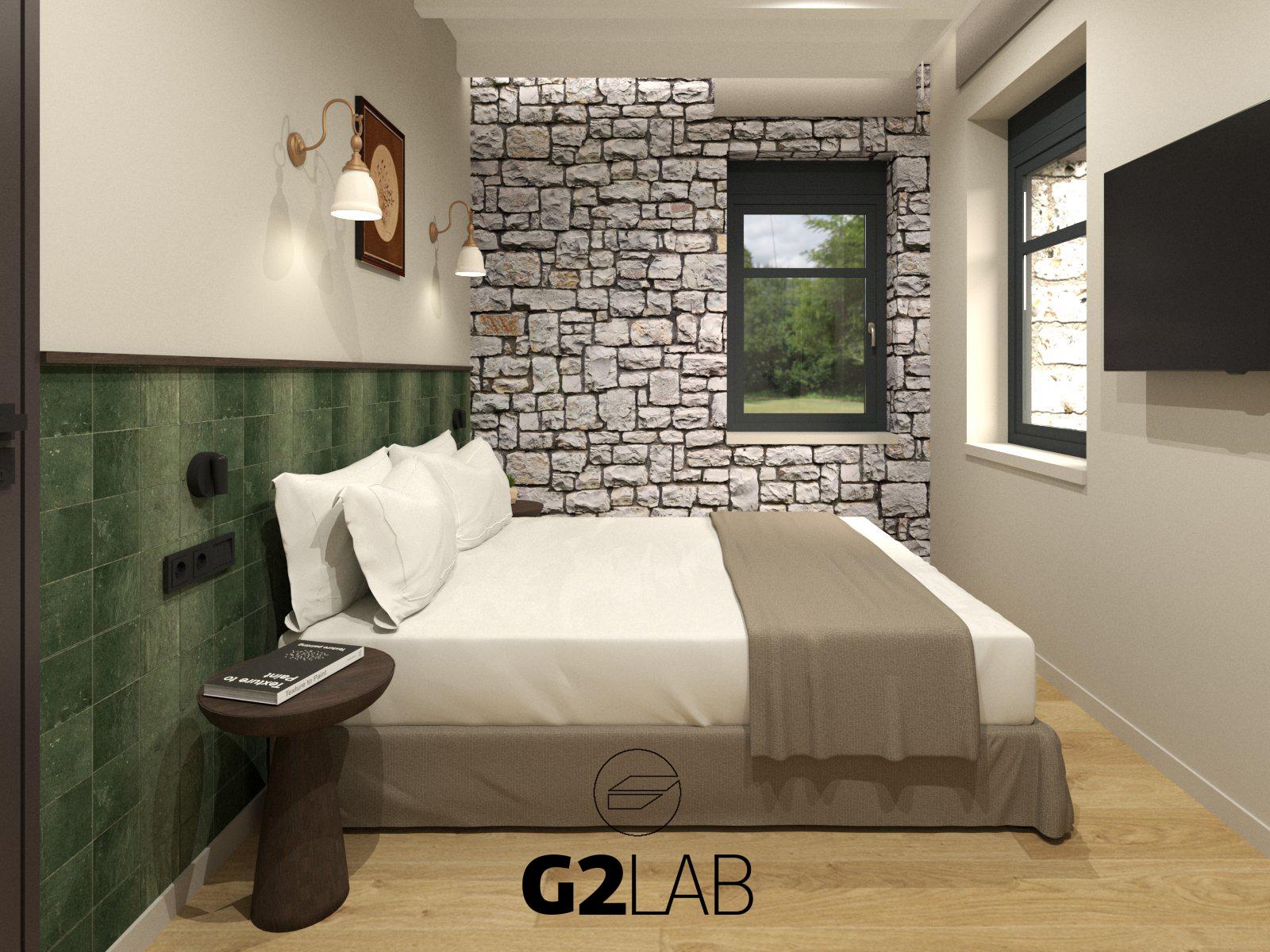 First-floor bedroom with stone wall, green tile headboard and window view