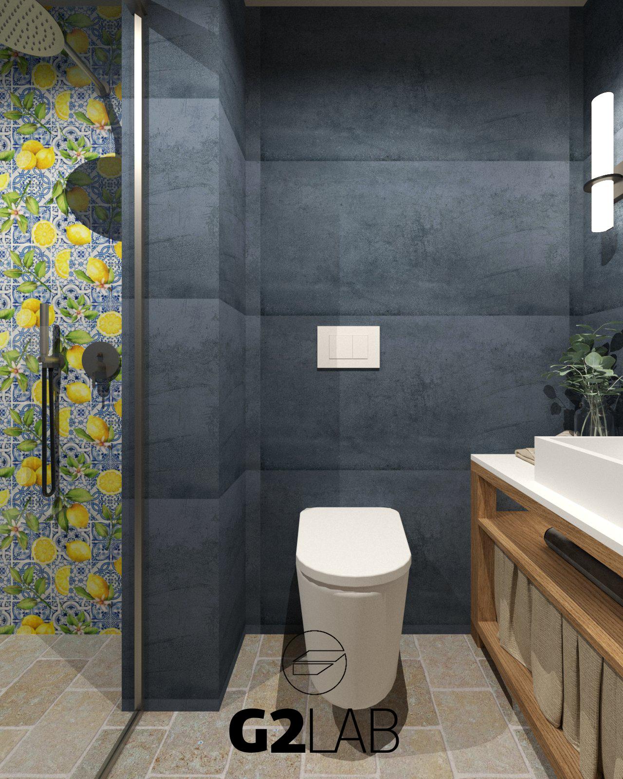 Ground-floor bathroom with dark stone tiles, lemon-pattern shower wall and timber vanity