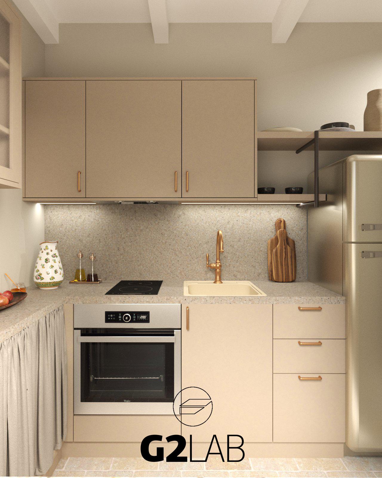 Ground-floor kitchenette with light cabinets, brass faucet and compact appliances