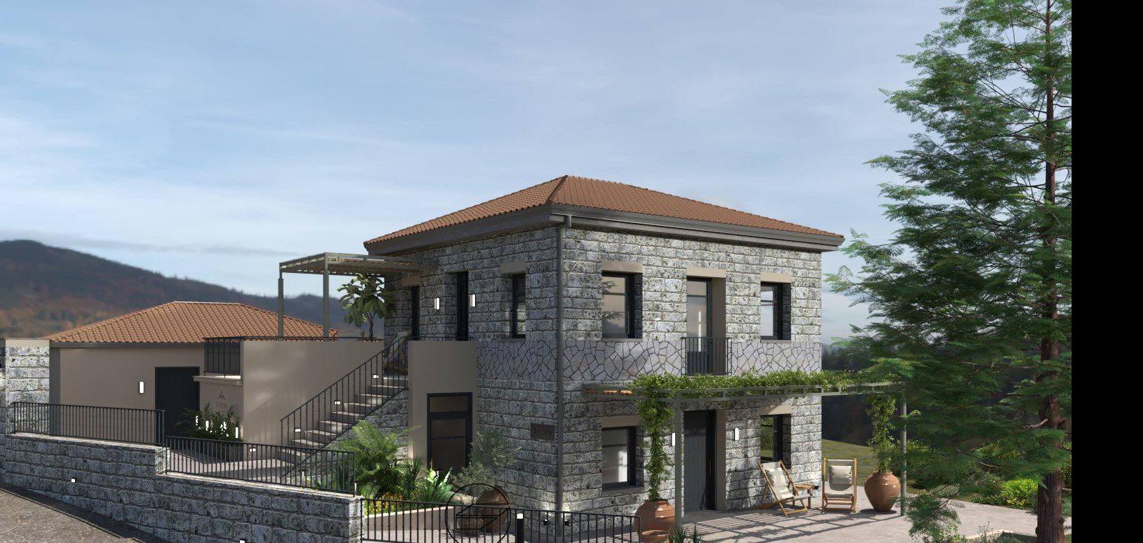 Olivestone Retreat stone resort exterior with terraces and mountain landscape
