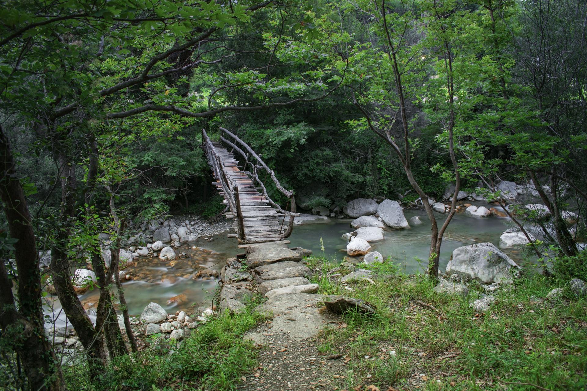 Wooden footbridge crossing the river on a forest walking route