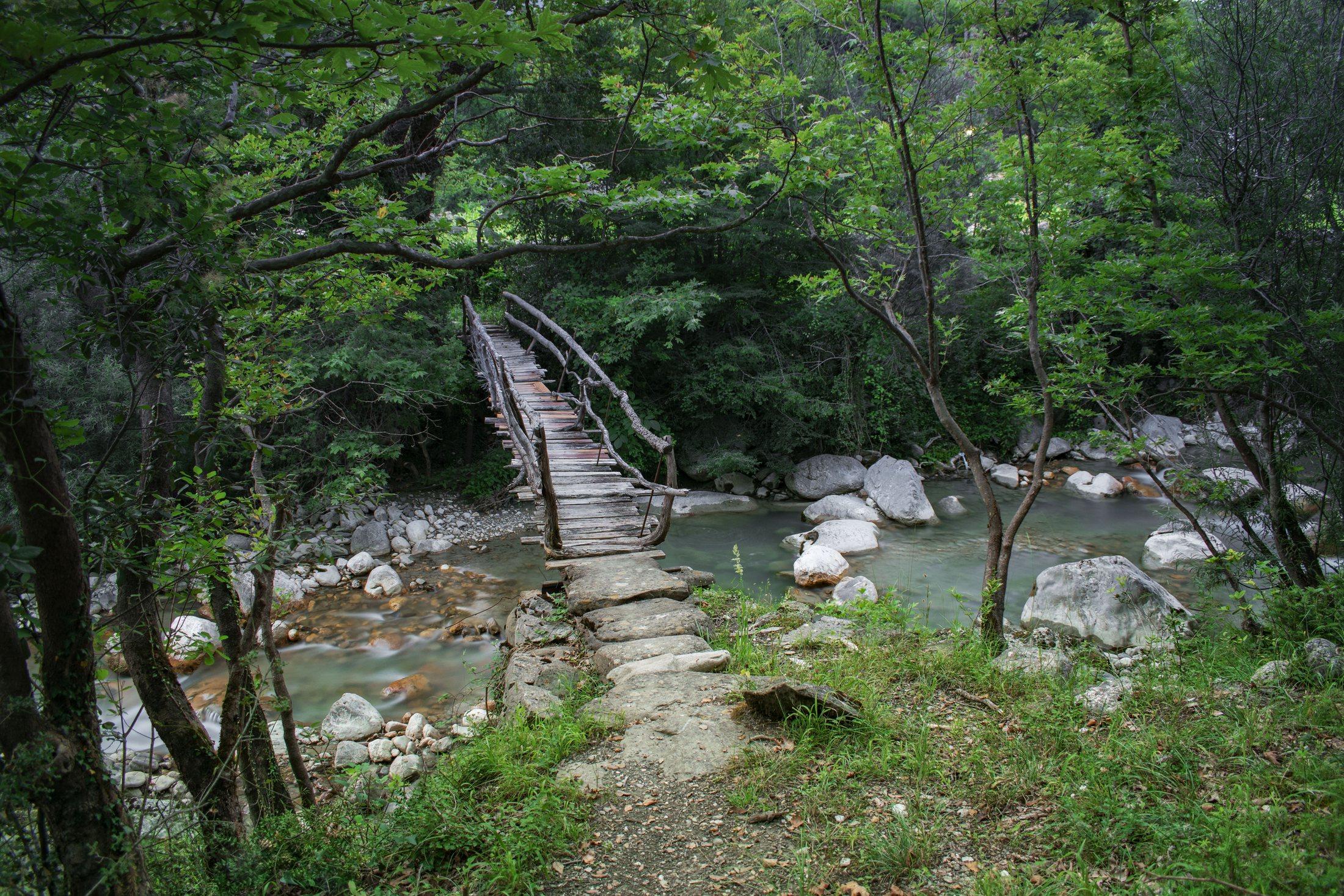 Wooden footbridge crossing the river on a forest walking route
